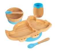 Tiny Dining Baby Feeding Set - Dinosaur - Blue - 5pc - Divided Non-Slip Bamboo Self-Feeding Weaning Plate, Bowl, Drinking Cup, Fork & Spoon for Babies, Toddlers, Children