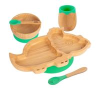 Tiny Dining Baby Feeding Set - Dinosaur - Green - 5pc - Divided Non-Slip Bamboo Self-Feeding Baby Weaning Plate, Bowl, Drinking Cup, Fork & Spoon for Babies, Toddlers, Children