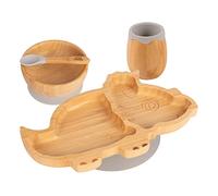 Tiny Dining Baby Feeding Set - Dinosaur - Grey - 4pc - Divided Non-Slip Bamboo Self-Feeding Baby Weaning Plate, Bowl, Drinking Cup & Spoon for Babies, Toddlers, Children