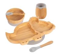 Tiny Dining Baby Feeding Set - Dinosaur - Grey - 5pc - Divided Non-Slip Bamboo Self-Feeding Baby Weaning Plate, Bowl, Drinking Cup, Fork & Spoon for Babies, Toddlers, Children