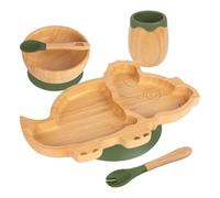 Tiny Dining Baby Feeding Set - Dinosaur - Olive Green - 5pc - Divided Non-Slip Bamboo Self-Feeding Weaning Plate, Bowl, Drinking Cup, Fork & Spoon for Babies, Toddlers, Children