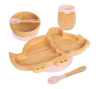 Tiny Dining Baby Feeding Set - Dinosaur - Pastel Pink - 5pc - Divided Non-Slip Bamboo Self-Feeding Baby Weaning Plate, Bowl, Drinking Cup, Fork & Spoon for Babies, Toddlers, Children