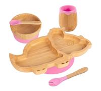 Tiny Dining Baby Feeding Set - Dinosaur - Pink - 5pc - Divided Non-Slip Bamboo Self-Feeding Weaning Plate, Bowl, Drinking Cup, Fork & Spoon for Babies, Toddlers, Children