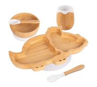 Tiny Dining Baby Feeding Set - Dinosaur - White - 5pc - Divided Non-Slip Bamboo Self-Feeding Weaning Plate, Bowl, Drinking Cup, Fork & Spoon for Babies, Toddlers, Children
