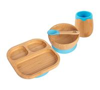 Tiny Dining Baby Feeding Set - Divided - Blue - 4pc - Divided Non-Slip Bamboo Self-Feeding Weaning Plate, Bowl, Drinking Cup & Spoon for Babies, Toddlers, Children