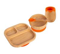 Tiny Dining Baby Feeding Set - Divided - Orange - 4pc - Divided Non-Slip Bamboo Self-Feeding Baby Weaning Plate, Bowl, Drinking Cup & Spoon for Babies, Toddlers, Children