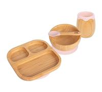 Tiny Dining Baby Feeding Set - Divided - Pastel Pink - 4pc - Divided Non-Slip Bamboo Self-Feeding Weaning Plate, Bowl, Drinking Cup & Spoon for Babies, Toddlers, Children