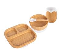 Tiny Dining Baby Feeding Set - Divided - White - 4pc - Divided Non-Slip Bamboo Self-Feeding Weaning Plate, Bowl, Drinking Cup & Spoon for Babies, Toddlers, Children