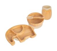 Tiny Dining Baby Feeding Set - Elephant - Beige - 4pc - Divided Non-Slip Bamboo Self-Feeding Weaning Plate, Bowl, Drinking Cup & Spoon for Babies, Toddlers, Children