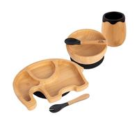 Tiny Dining Baby Feeding Set - Elephant - Black - 5pc - Divided Non-Slip Bamboo Self-Feeding Weaning Plate, Bowl, Drinking Cup, Fork & Spoon for Babies, Toddlers, Children