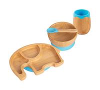 Tiny Dining Baby Feeding Set - Elephant - Blue - 4pc - Divided Non-Slip Bamboo Self-Feeding Weaning Plate, Bowl, Drinking Cup & Spoon for Babies, Toddlers, Children