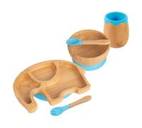 Tiny Dining Baby Feeding Set - Elephant - Blue - 5pc - Divided Non-Slip Bamboo Self-Feeding Weaning Plate, Bowl, Drinking Cup, Fork & Spoon for Babies, Toddlers, Children