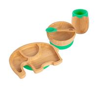 Tiny Dining Baby Feeding Set - Elephant - Green - 4pc - Divided Non-Slip Bamboo Self-Feeding Weaning Plate, Bowl, Drinking Cup & Spoon for Babies, Toddlers, Children