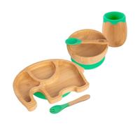 Tiny Dining Baby Feeding Set - Elephant - Green - 5pc - Divided Non-Slip Bamboo Self-Feeding Weaning Plate, Bowl, Drinking Cup, Fork & Spoon for Babies, Toddlers, Children