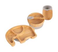 Tiny Dining Baby Feeding Set - Elephant - Grey - 4pc - Divided Non-Slip Bamboo Self-Feeding Weaning Plate, Bowl, Drinking Cup & Spoon for Babies, Toddlers, Children