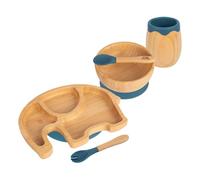 Tiny Dining Baby Feeding Set - Elephant - Navy Blue - 5pc - Divided Non-Slip Bamboo Self-Feeding Weaning Plate, Bowl, Drinking Cup, Fork & Spoon for Babies, Toddlers, Children