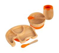 Tiny Dining Baby Feeding Set - Elephant - Orange - 5pc - Divided Non-Slip Bamboo Self-Feeding Weaning Plate, Bowl, Drinking Cup, Fork & Spoon for Babies, Toddlers, Children