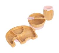 Tiny Dining Baby Feeding Set - Elephant - Pastel Pink - 4pc - Divided Non-Slip Bamboo Self-Feeding Weaning Plate, Bowl, Drinking Cup & Spoon for Babies, Toddlers, Children