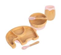 Tiny Dining Baby Feeding Set - Elephant - Pastel Pink - 5pc - Divided Non-Slip Bamboo Self-Feeding Baby Weaning Plate, Bowl, Drinking Cup, Fork & Spoon for Babies, Toddlers, Children