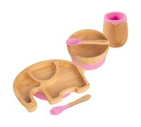 Tiny Dining Baby Feeding Set - Elephant - Pink - 5pc - Divided Non-Slip Bamboo Self-Feeding Weaning Plate, Bowl, Drinking Cup, Fork & Spoon for Babies, Toddlers, Children