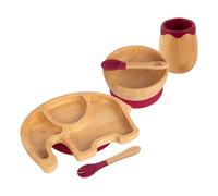 Tiny Dining Baby Feeding Set - Elephant - Red - 5pc - Divided Non-Slip Bamboo Self-Feeding Weaning Plate, Bowl, Drinking Cup, Fork & Spoon for Babies, Toddlers, Children