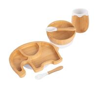 Tiny Dining Baby Feeding Set - Elephant - White - 5pc - Divided Non-Slip Bamboo Self-Feeding Weaning Plate, Bowl, Drinking Cup, Fork & Spoon for Babies, Toddlers, Children