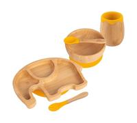 Tiny Dining Baby Feeding Set - Elephant - Yellow - 5pc - Divided Non-Slip Bamboo Self-Feeding Weaning Plate, Bowl, Drinking Cup, Fork & Spoon for Babies, Toddlers, Children