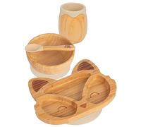 Tiny Dining Baby Feeding Set - Fox - Beige - 4pc - Divided Non-Slip Bamboo Self-Feeding Weaning Plate, Bowl, Drinking Cup & Spoon for Babies, Toddlers, Children