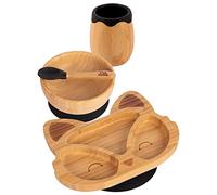 Tiny Dining Baby Feeding Set - Fox - Black - 4pc - Divided Non-Slip Bamboo Self-Feeding Weaning Plate, Bowl, Drinking Cup & Spoon for Babies, Toddlers, Children