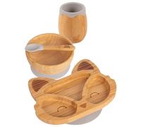 Tiny Dining Baby Feeding Set - Fox - Grey - 4pc - Divided Non-Slip Bamboo Self-Feeding Weaning Plate, Bowl, Drinking Cup & Spoon for Babies, Toddlers, Children