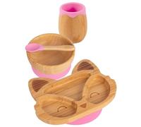 Tiny Dining Baby Feeding Set - Fox - Pink - 4pc - Divided Non-Slip Bamboo Self-Feeding Weaning Plate, Bowl, Drinking Cup & Spoon for Babies, Toddlers, Children
