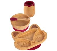 Tiny Dining Baby Feeding Set - Fox - Red - 4pc - Divided Non-Slip Bamboo Self-Feeding Weaning Plate, Bowl, Drinking Cup & Spoon for Babies, Toddlers, Children
