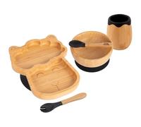 Tiny Dining Baby Feeding Set - Llama - Black - 5pc - Divided Non-Slip Bamboo Self-Feeding Weaning Plate, Bowl, Drinking Cup, Fork & Spoon for Babies, Toddlers, Children