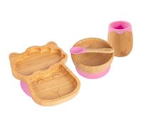 Tiny Dining Baby Feeding Set - Llama - Pink - 4pc - Divided Non-Slip Bamboo Self-Feeding Weaning Plate, Bowl, Drinking Cup & Spoon for Babies, Toddlers, Children