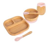Tiny Dining Baby Feeding Set - Pastel Pink - 5pc - Segmented - Divided Non-Slip Bamboo Self-Feeding Weaning Plate, Bowl, Cup, Spoon & Fork for Babies, Toddlers & Children