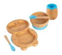 Tiny Dining Baby Feeding Set - Penguin - Blue - 5pc - Divided Non-Slip Bamboo Self-Feeding Baby Weaning Plate, Bowl, Drinking Cup, Fork & Spoon for Babies, Toddlers, Children