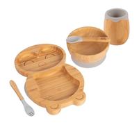 Tiny Dining Baby Feeding Set - Penguin - Grey - 5pc - Divided Non-Slip Bamboo Self-Feeding Weaning Plate, Bowl, Drinking Cup, Fork & Spoon for Babies, Toddlers, Children