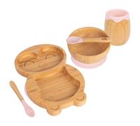 Tiny Dining Baby Feeding Set - Penguin - Pastel Pink - 5pc - Divided Non-Slip Bamboo Self-Feeding Baby Weaning Plate, Bowl, Drinking Cup, Fork & Spoon for Babies, Toddlers, Children