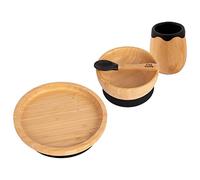 Tiny Dining Baby Feeding Set - Round - Black - 4pc - Divided Non-Slip Bamboo Self-Feeding Weaning Plate, Bowl, Drinking Cup & Spoon for Babies, Toddlers, Children
