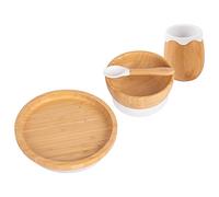 Tiny Dining Baby Feeding Set - Round - White - 4pc - Divided Non-Slip Bamboo Self-Feeding Weaning Plate, Bowl, Drinking Cup & Spoon for Babies, Toddlers, Children
