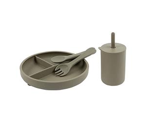 Tiny Dining Baby Feeding Set - Silver Sage - 4pc Silicone Feeding Set with Divided Suction Plate, Sippy Cup, Weaning Fork & Spoon for Babies, Toddlers & Kids