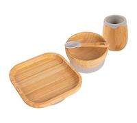 Tiny Dining Baby Feeding Set - Square - Grey - 4pc - Divided Non-Slip Bamboo Self-Feeding Weaning Plate, Bowl, Drinking Cup & Spoon for Babies, Toddlers, Children