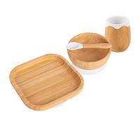 Tiny Dining Baby Feeding Set - Square - White - 4pc - Divided Non-Slip Bamboo Self-Feeding Weaning Plate, Bowl, Drinking Cup & Spoon for Babies, Toddlers, Children