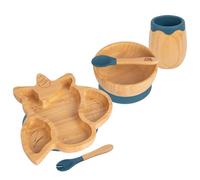 Tiny Dining Baby Feeding Set - Unicorn - Navy Blue - 5pc - Divided Non-Slip Bamboo Self-Feeding Weaning Plate, Bowl, Drinking Cup, Fork & Spoon for Babies, Toddlers, Children