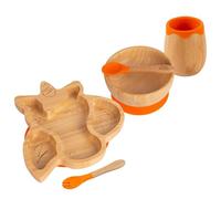 Tiny Dining Baby Feeding Set - Unicorn - Orange - 5pc - Divided Non-Slip Bamboo Self-Feeding Weaning Plate, Bowl, Drinking Cup, Fork & Spoon for Babies, Toddlers, Children