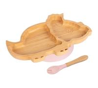 Tiny Dining Baby Fork & Plate with Suction Cup - Dinosaur - 2pc - Pastel Pink - Divided Non-Slip Bamboo Self-Feeding Baby Weaning Plate & Cutlery for Babies, Toddlers, Children