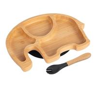 Tiny Dining Baby Fork & Plate with Suction Cup - Elephant - 2pc - Black - Divided Non-Slip Bamboo Self-Feeding Weaning Plate & Cutlery for Babies, Toddlers, Children