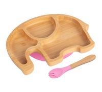 Tiny Dining Baby Fork & Plate with Suction Cup - Elephant - 2pc - Pink - Divided Non-Slip Bamboo Self-Feeding Weaning Plate & Cutlery for Babies, Toddlers, Children