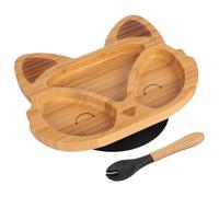 Tiny Dining Baby Fork & Plate with Suction Cup - Fox - 2pc - Black - Divided Non-Slip Bamboo Self-Feeding Weaning Plate & Cutlery for Babies, Toddlers, Children