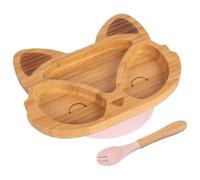 Tiny Dining Baby Fork & Plate with Suction Cup - Fox - 2pc - Pastel Pink - Divided Non-Slip Bamboo Self-Feeding Baby Weaning Plate & Cutlery for Babies, Toddlers, Children